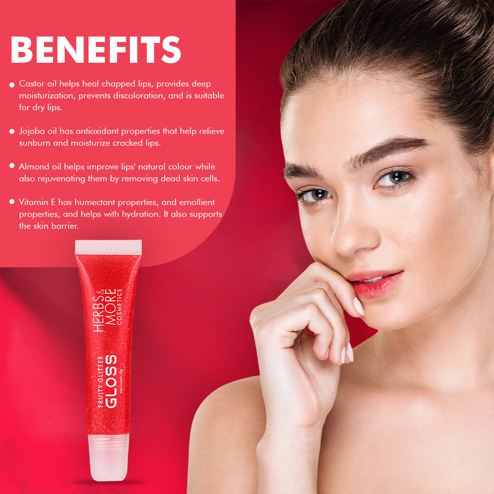 Herbs & More Cosmetics Fruity Lip Gloss Glitter – High Shine, Long-Lasting Moisture, Lightweight Non-Sticky Formula for Sparkling Lips - 10ml (Raspberry, 10ML)